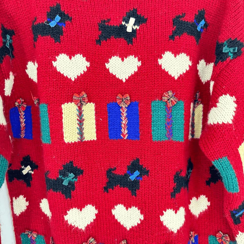 Vintage Preview Basics Red Wool Christmas Cardigan Scottie Dog Hearts Gifts S - Picture 9 of 9